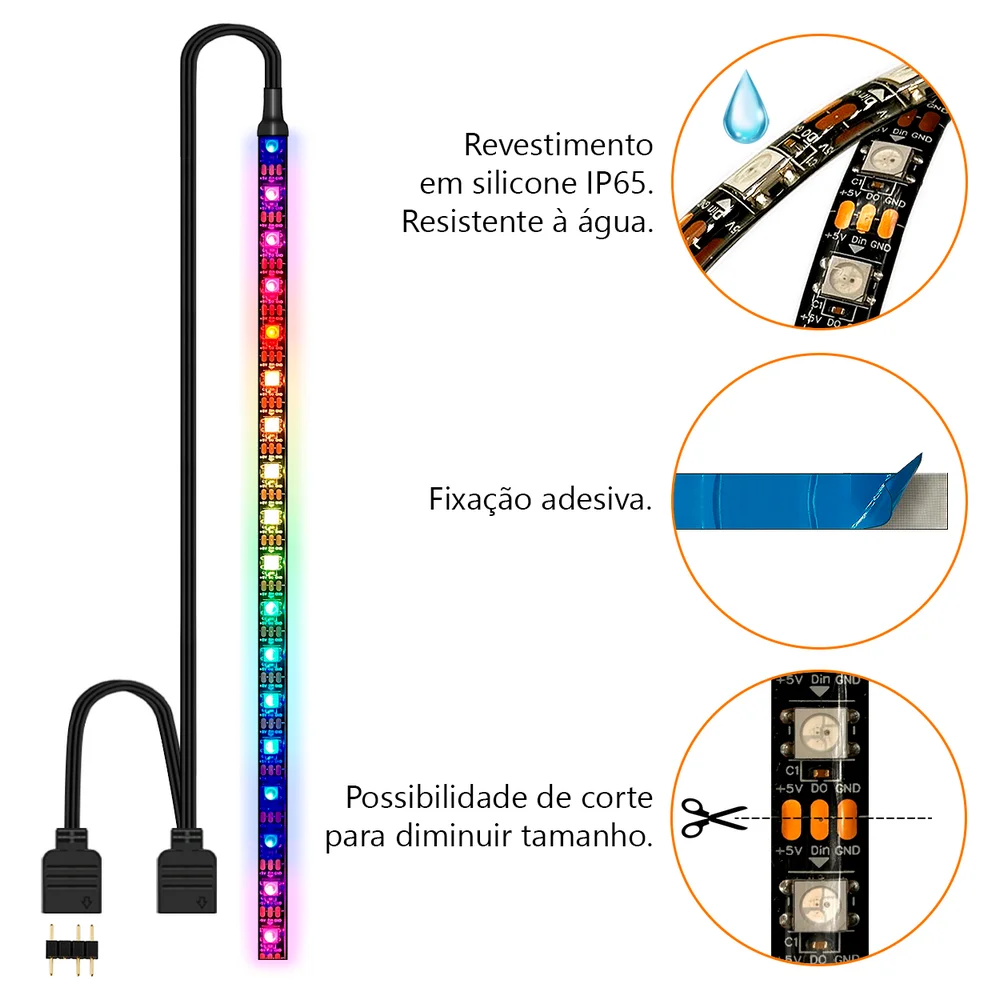 Imagem 2 de 5 do produto Fita de Led ARGB, Para Gabinete, 1m (100cm), 5v 3 Pinos, 60 Leds, Resistente à água IP65, Tamanho ajustável, Fixação Adesiva