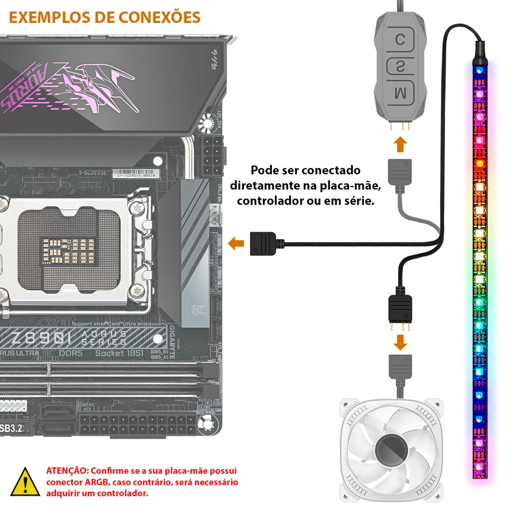 Imagem 4 de 5 do produto Fita de Led ARGB, Para Gabinete, 1m (100cm), 5v 3 Pinos, 60 Leds, Resistente à água IP65, Tamanho ajustável, Fixação Adesiva