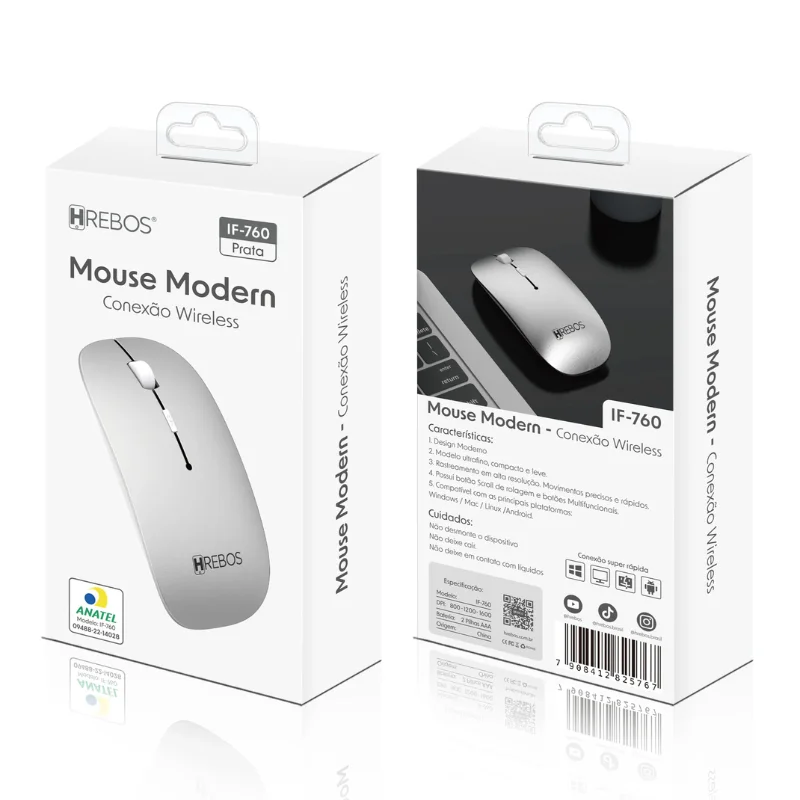 Imagem 2 de 5 do produto Mouse Hrebos Sem Fio Wireless Design Moderno E Rápido Modelo If-760 Cor Prata