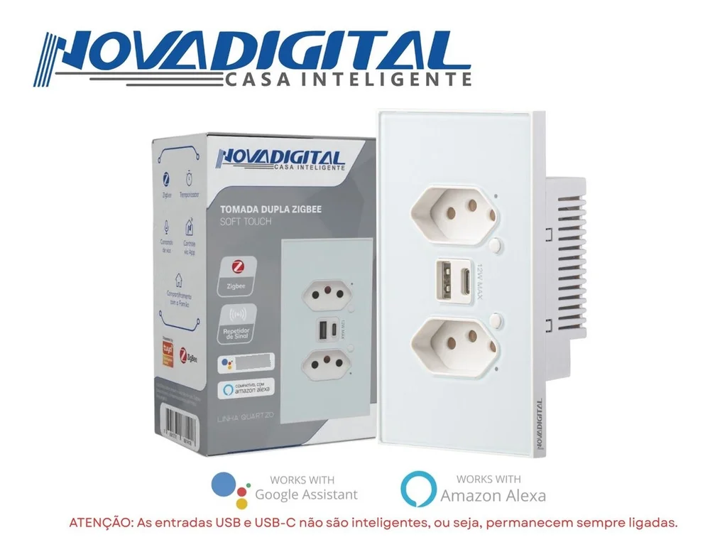 Imagem 2 de 5 do produto Tomada Inteligente Zigbee Novadigital Dupla Usb 10a Quartzo Branco Qz-s2-w
