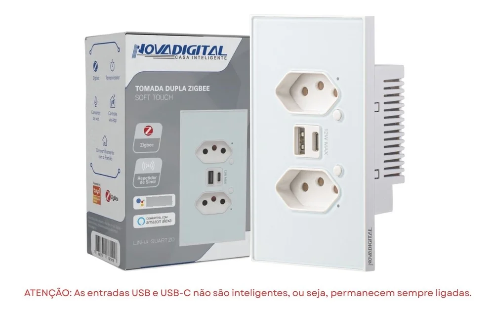 Imagem 4 de 5 do produto Tomada Inteligente Zigbee Novadigital Dupla Usb 10a Quartzo Branco Qz-s2-w