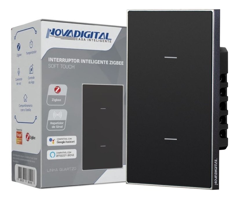 Interruptor Inteligente Zigbee Linha Quartzo Novadigital 10 A 2 Botões Preto Qz-2b