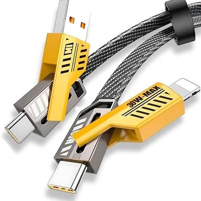 Cabo 4 Em 1 Reforçado 65w Turbo Com Conectores Lightning, Tipo-c E Usb-a | Compatível Com Iphone, Android, Ipad, Macbook, Tablet E Notebook | 1 Metro | Nylon Trançado | Carregamento Rápido