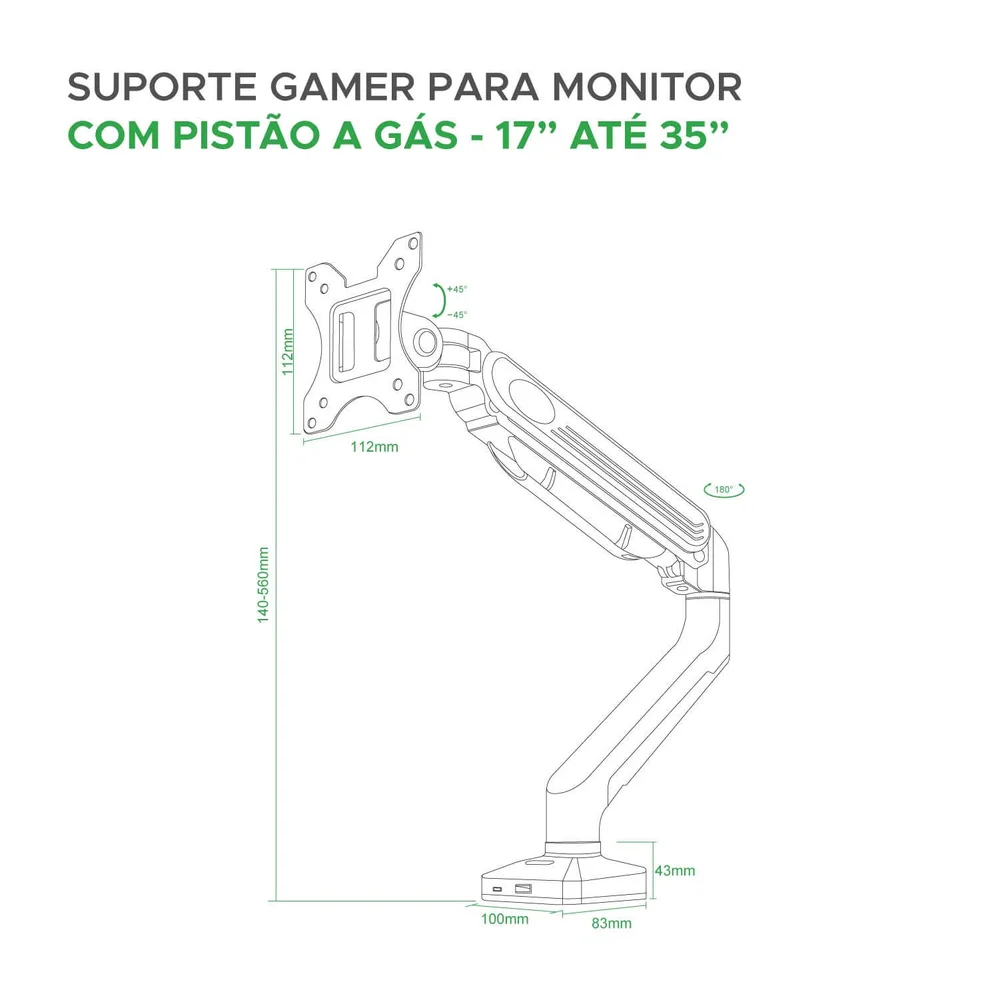 Imagem 2 de 5 do produto Suporte Monitor RGB Gamer Pistão A Gás Articulado 17 A 35