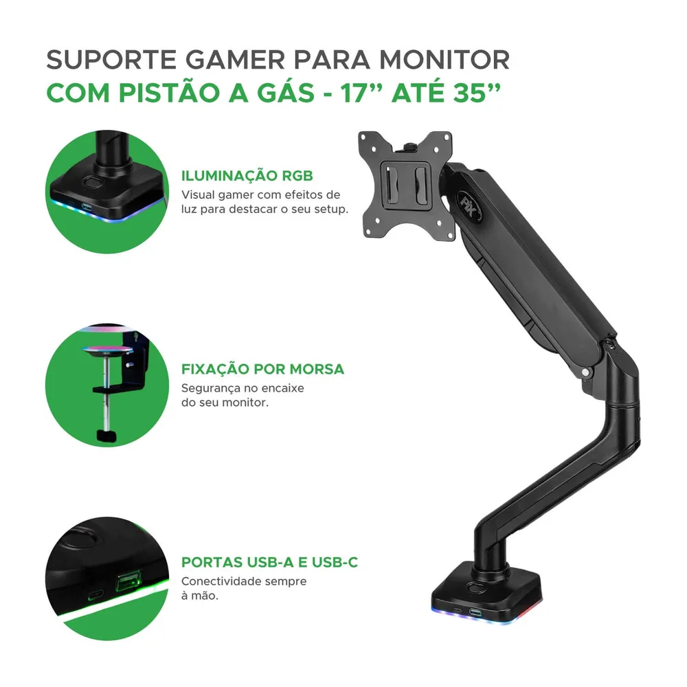 Imagem 3 de 5 do produto Suporte Monitor RGB Gamer Pistão A Gás Articulado 17 A 35