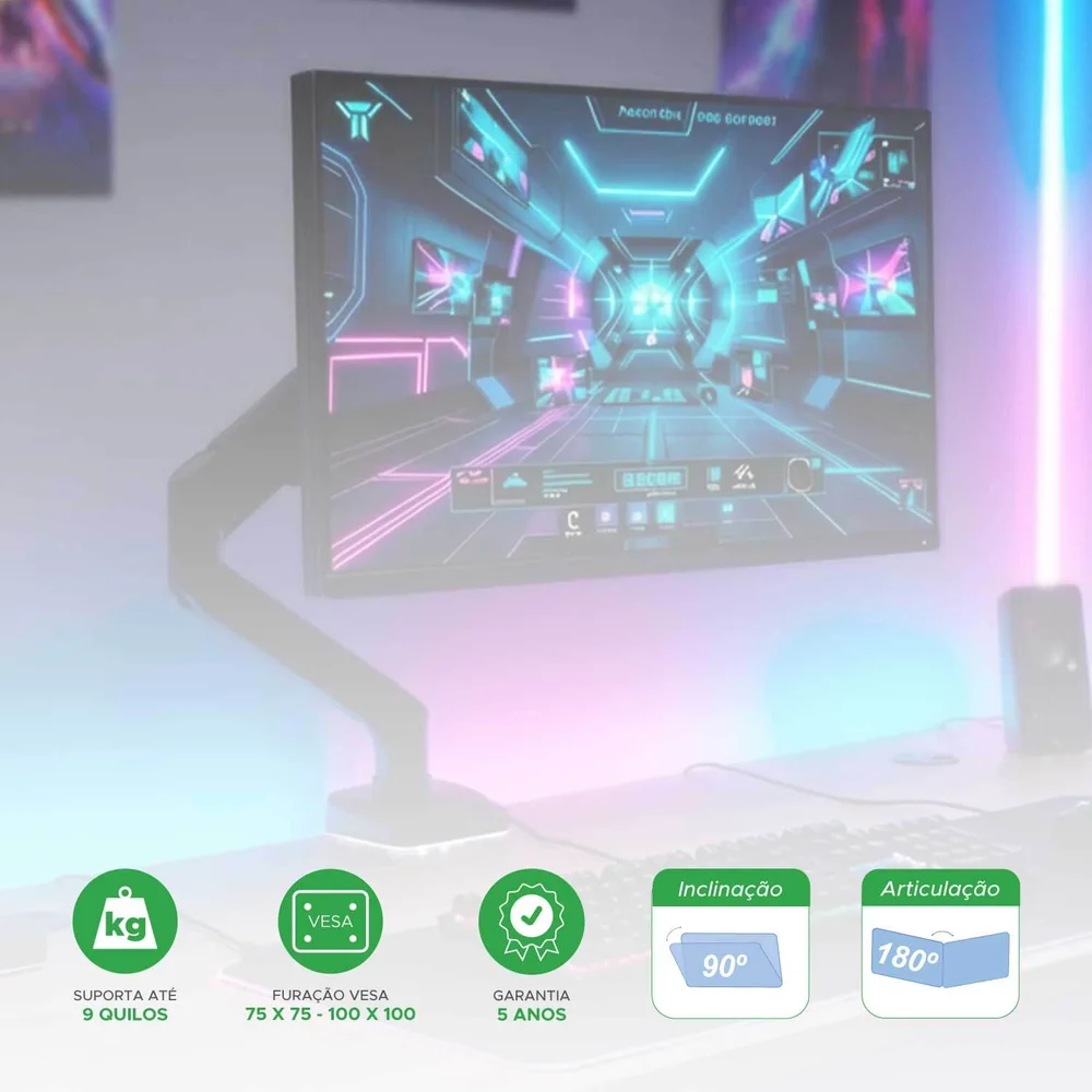 Imagem 4 de 5 do produto Suporte Monitor RGB Gamer Pistão A Gás Articulado 17 A 35