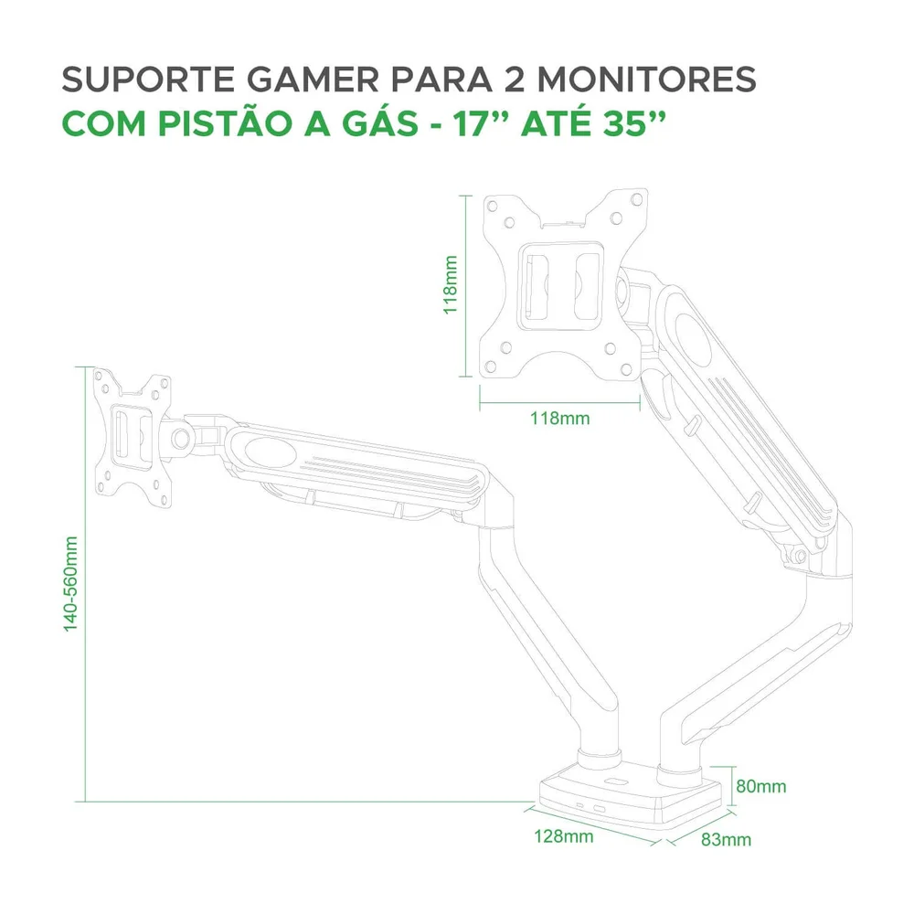 Imagem 2 de 5 do produto Suporte 2 Monitores RGB Gamer Pistão Gás Articulado 17 A 35