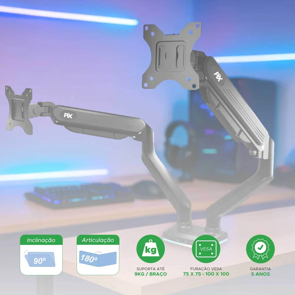 Imagem 3 de 5 do produto Suporte 2 Monitores RGB Gamer Pistão Gás Articulado 17 A 35