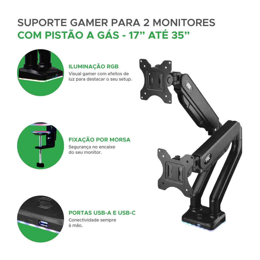 Imagem 4 de 5 do produto Suporte 2 Monitores RGB Gamer Pistão Gás Articulado 17 A 35