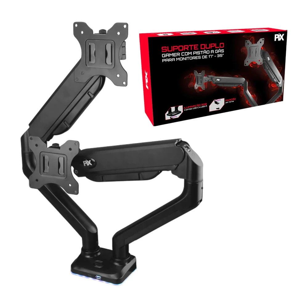 Imagem 5 de 5 do produto Suporte 2 Monitores RGB Gamer Pistão Gás Articulado 17 A 35