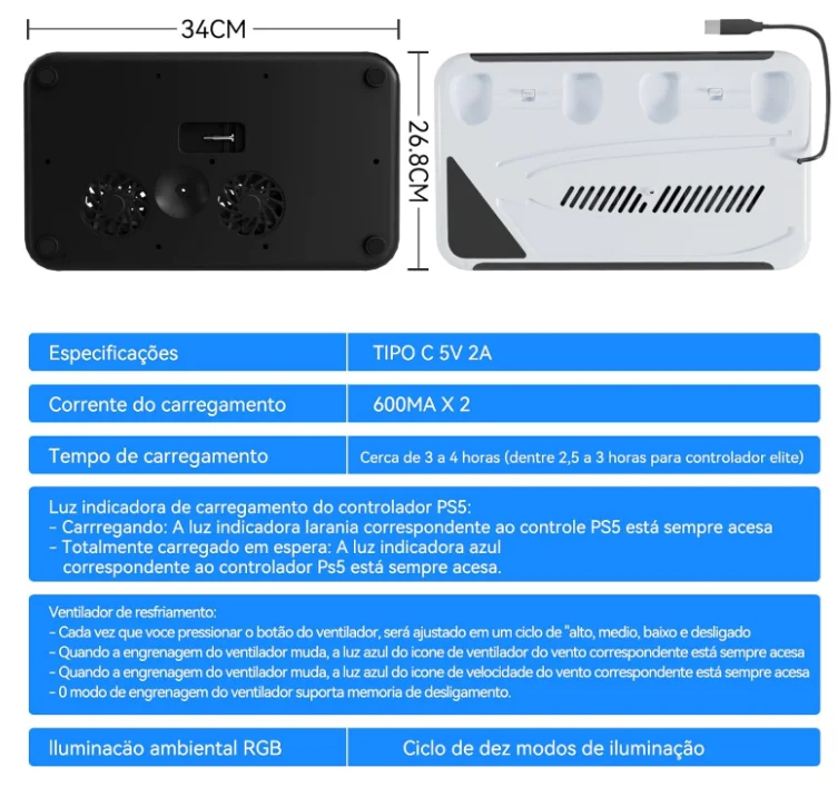 Imagem 3 de 4 do produto Suporte Cooler Resfriamento Ps5 Normal Ps5 Slim Ps5 Pro Carrega 2 Controles