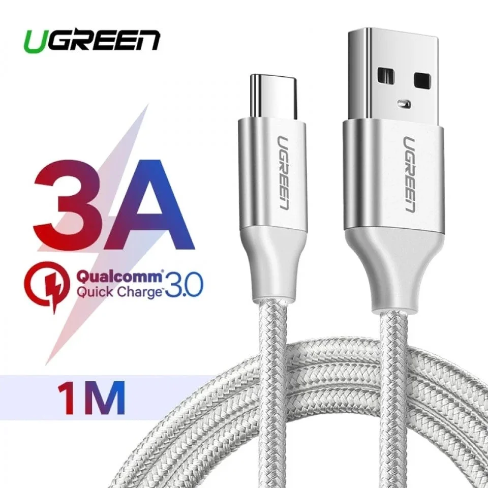 Imagem 2 de 5 do produto Cabo De Dados Ugreen Usb Para Usb-c Nylon Trancado 1m 3a Us288 Prata - 60131