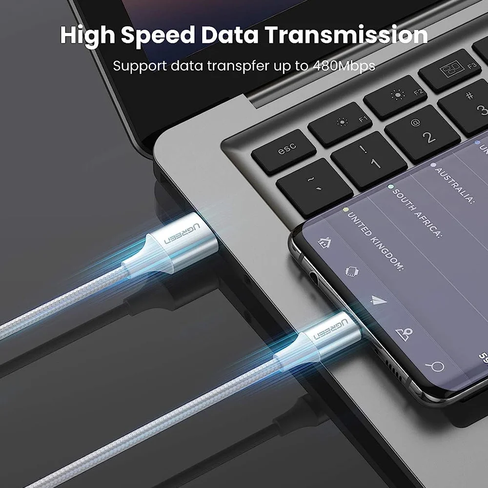 Imagem 4 de 5 do produto Cabo De Dados Ugreen Usb Para Usb-c Nylon Trancado 1m 3a Us288 Prata - 60131