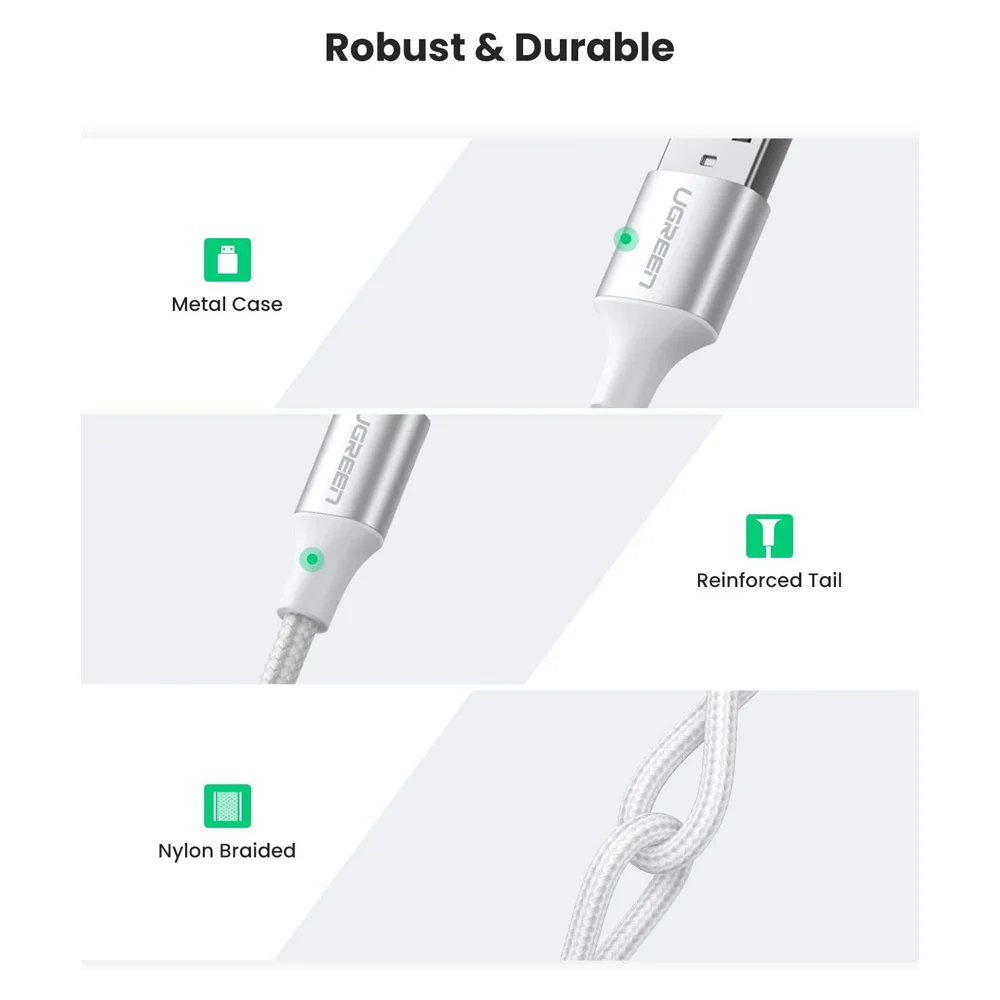 Imagem 5 de 5 do produto Cabo De Dados Ugreen Usb Para Usb-c Nylon Trancado 1m 3a Us288 Prata - 60131