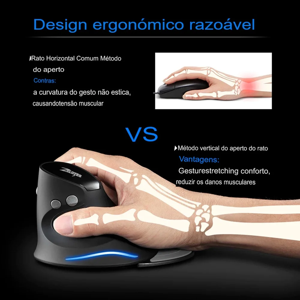 Imagem 4 de 5 do produto Mouse Sem Fio Vertical Ergonômico Wireless 2.4g Com LED Fire Phoenix D-m6 Preto