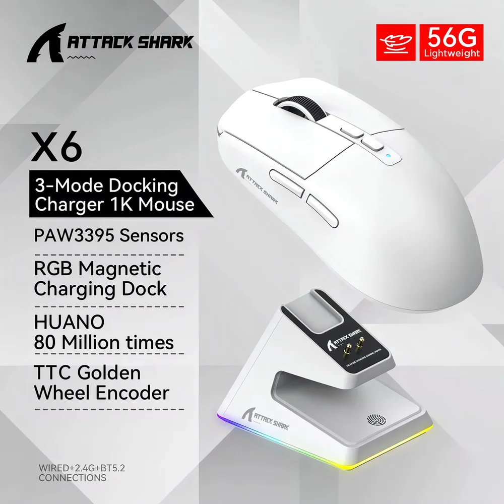 Imagem 4 de 5 do produto Mouse Gamer Sem Fio 2.4ghz Bluetooth Paw3395 Tri-mode 26000 Dpi Branco X6