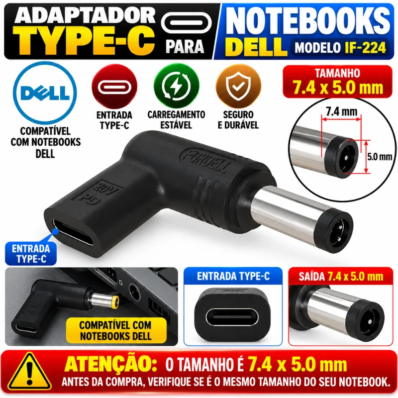 Imagem 2 de 4 do produto Plug adaptador Type-C compatível com notebooks DELL Modelo IF-224 7.4x5.0 (medida em centímetros)