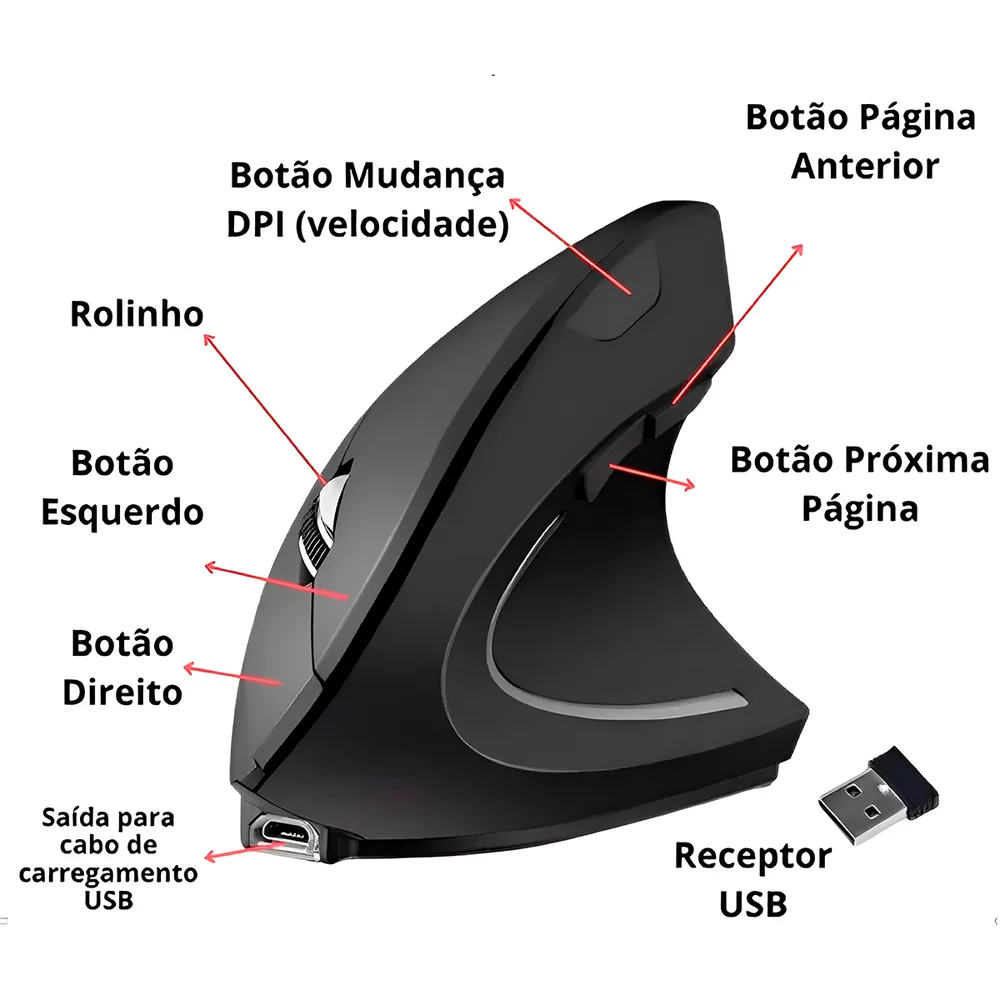 Imagem 5 de 5 do produto Mouse Vertical Sem Fio Wireless Bluetooth Receptor