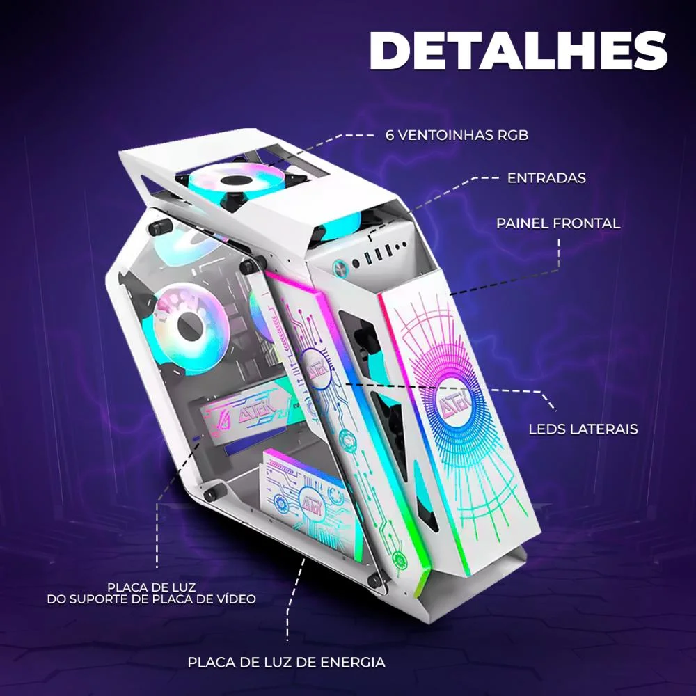 Imagem 5 de 5 do produto Gabinete Gamer  Rosa Vidro Temperado 6 Ventoinhas RGB Compatível Com Gpu De Até 295mm