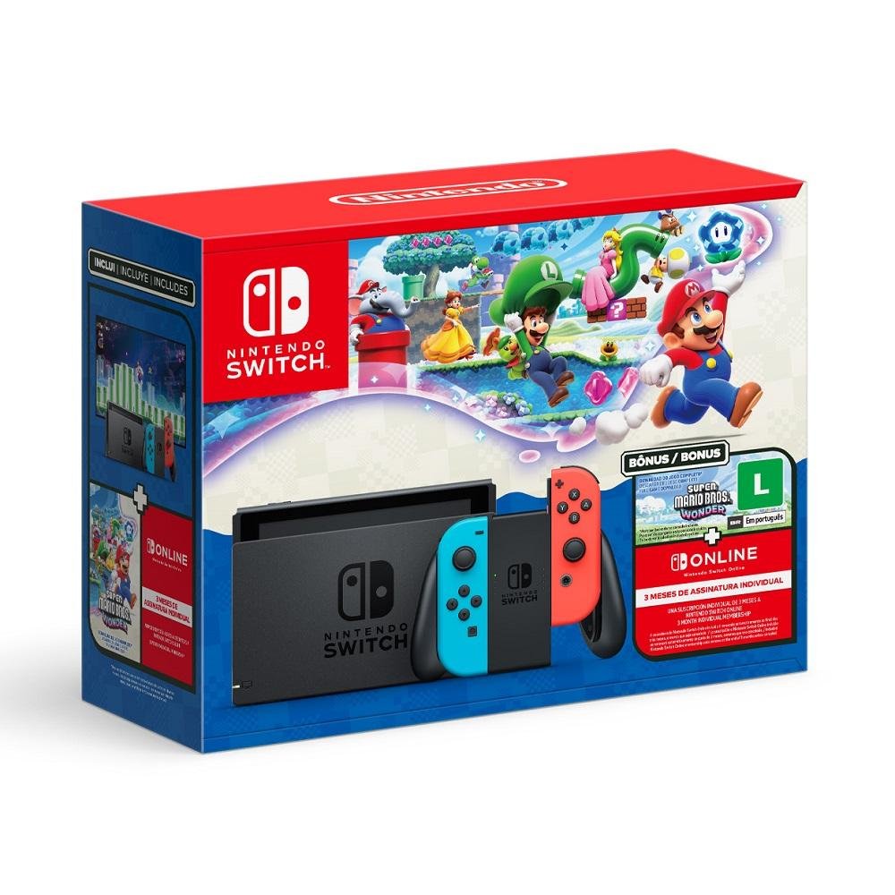 Console Nintendo Switch V2 Com 1 Controle Joy-con Vermelho E Azul + Super Mario Bros. Wonder + 3 Meses Assinatura, Hbdskabsc