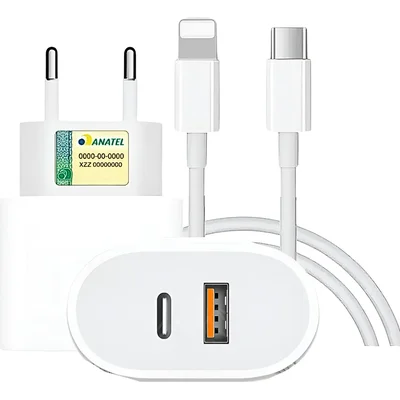 Carregador Turbo 25w Compatível Iphone X Xr 8 11 12 13 14 Plus Pro Max Ipad Duas Entradas Usb E Usb-c Tipo C Com Cabo Tipo C Lightning Carga Rápida Tecnologia Power Duo