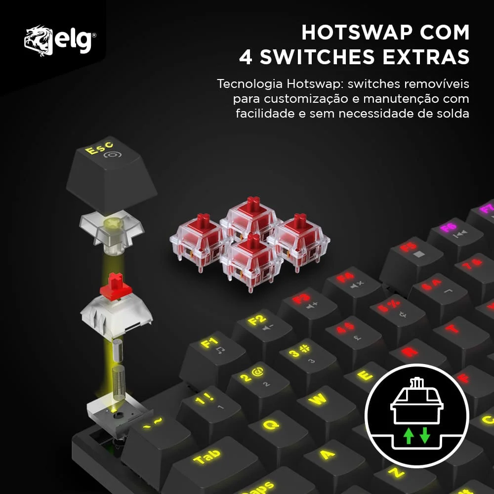 Imagem 3 de 5 do produto Teclado Mecânico Gamer Saiph, Hotswap, Switch Red, Anti-ghosting, Abnt2, Rainbow, Preto, Tgsp, Elg