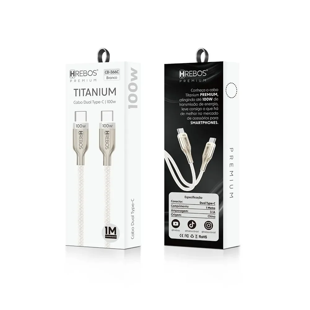 Imagem 3 de 3 do produto Cabo Hrebos Titanium Usb-c 100w Nylon 1m Branco Cb-366c Bege