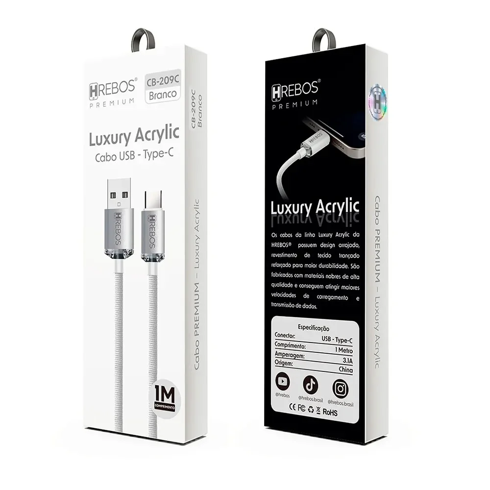 Imagem 3 de 3 do produto Cabo Hrebos Luxury Acrylic Usb-a Lightning Cb-209i 27w Branco