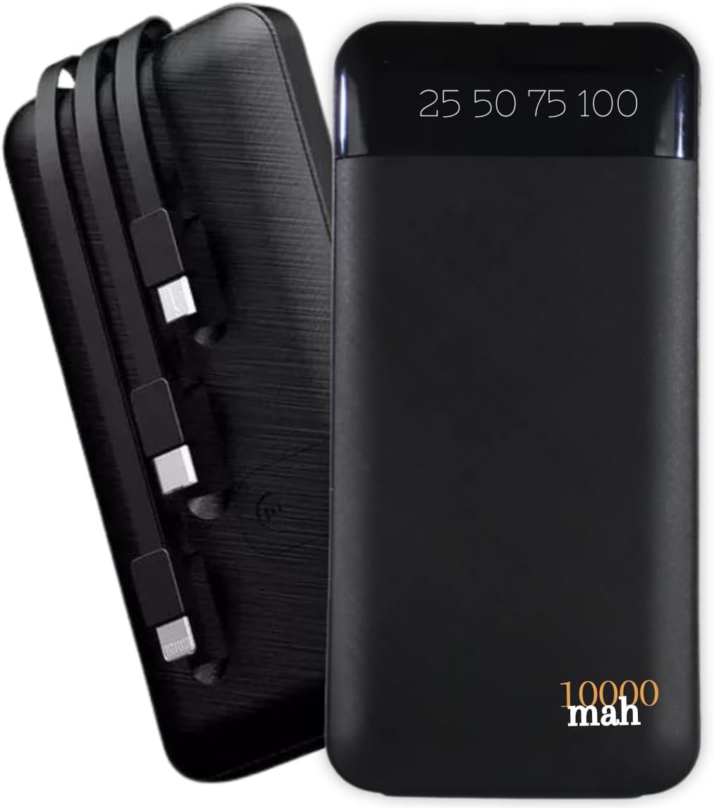 Carregador Portátil Power Bank Universal 10000mah 3 Cabos Integrados Design Leve, Compacto E Ultra Rápido Com Entradas (micro Usb, Usb-c E Ios) LED Com Indicador Bateria