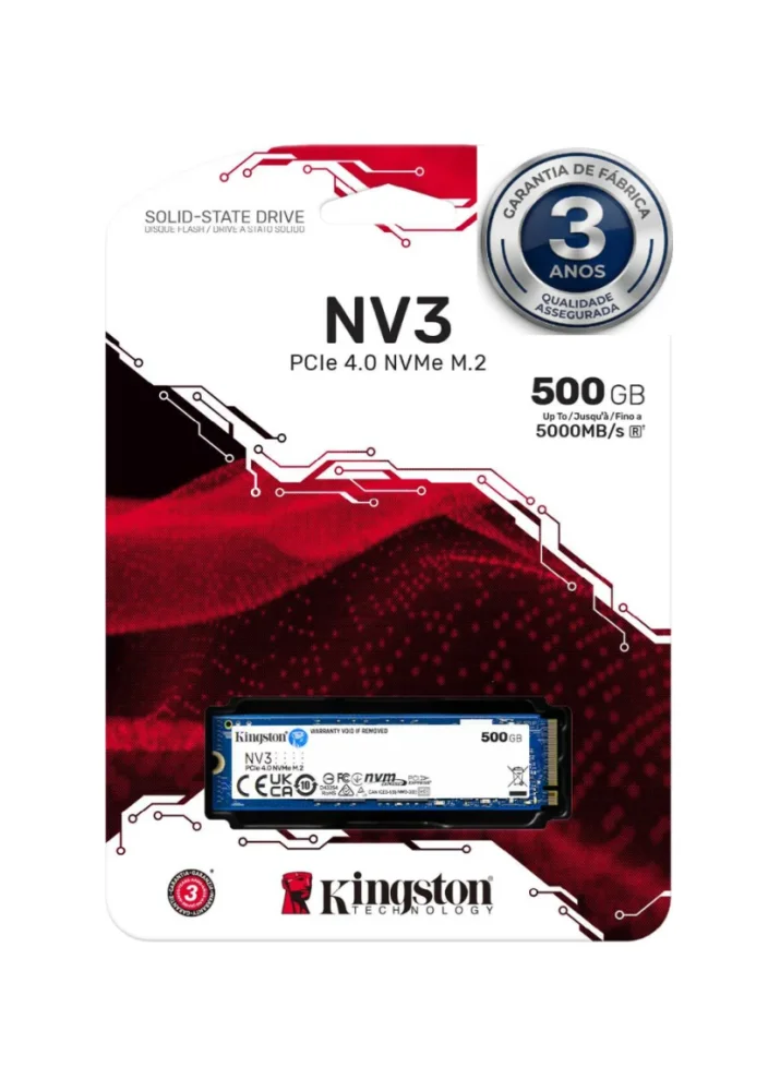 SSD Kingston NV3, 500 GB, M.2 2280, PCIe 4.0 x4, NVMe, Leitura: 5000 MB/s, Gravação: 3000 MB/s, Azul - SNV3S/500G