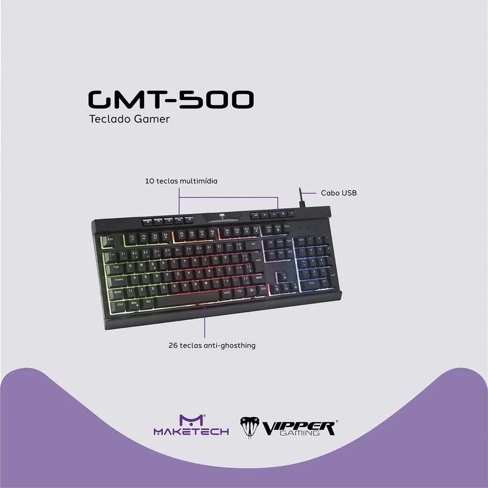 Imagem 2 de 5 do produto Teclado Gamer Multimídia Rainbow Maketech Vipper Gmt-500