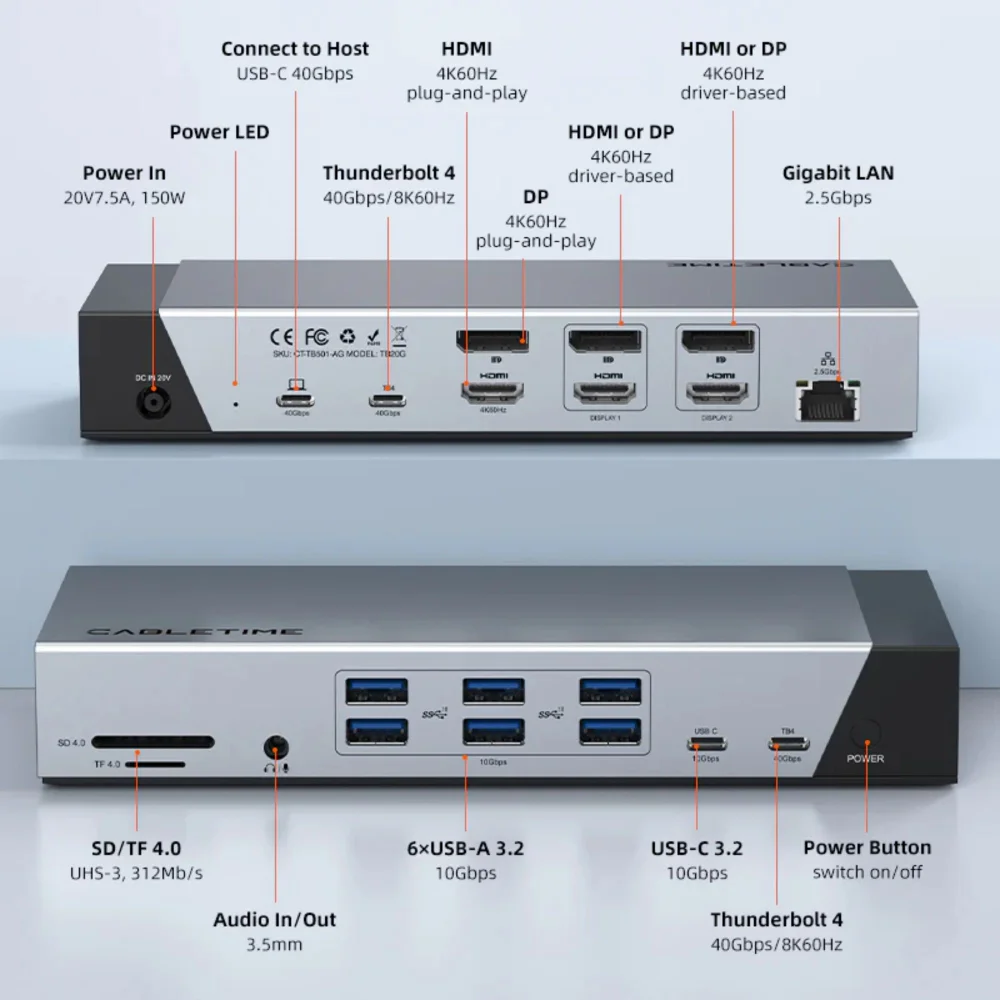 Imagem 4 de 5 do produto Dock Station 20 In 1 Para Macbook Pro 3 Monitores Extendido Displaylink Thunderbolt4 Cabletime