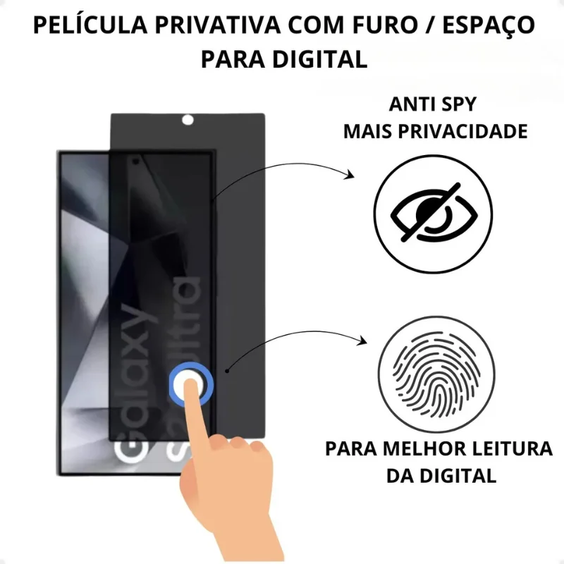 Imagem 4 de 4 do produto Pelicula 3d De Vidro Privacidade Compatível Para Smartphone Samsung Galaxy S25 Ultra Com Furo