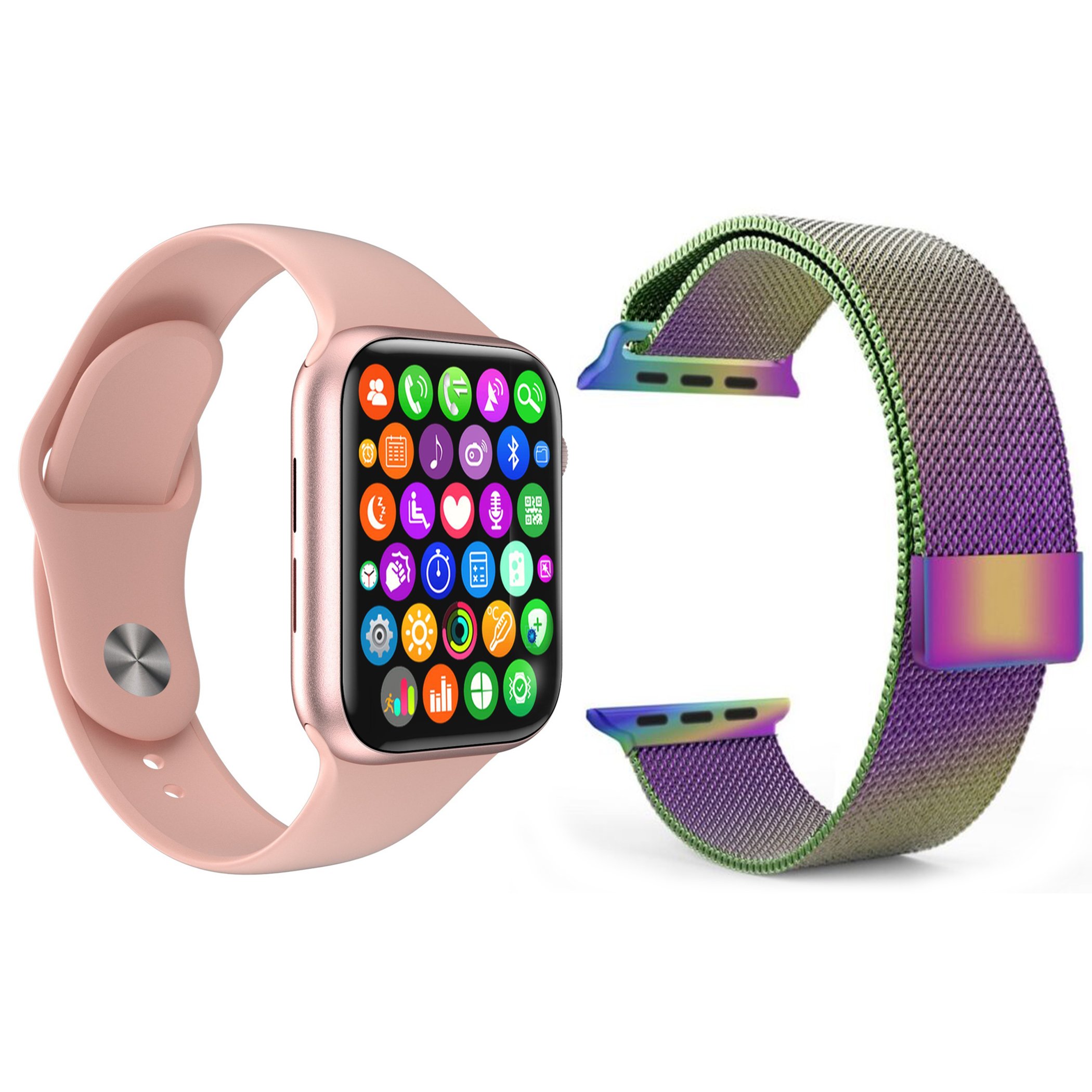 Kit 1 Relógio Inteligente Smartwatch Iwo8 Lite Plus Preto + 1 Multiira Extra Milanese Arco Íris