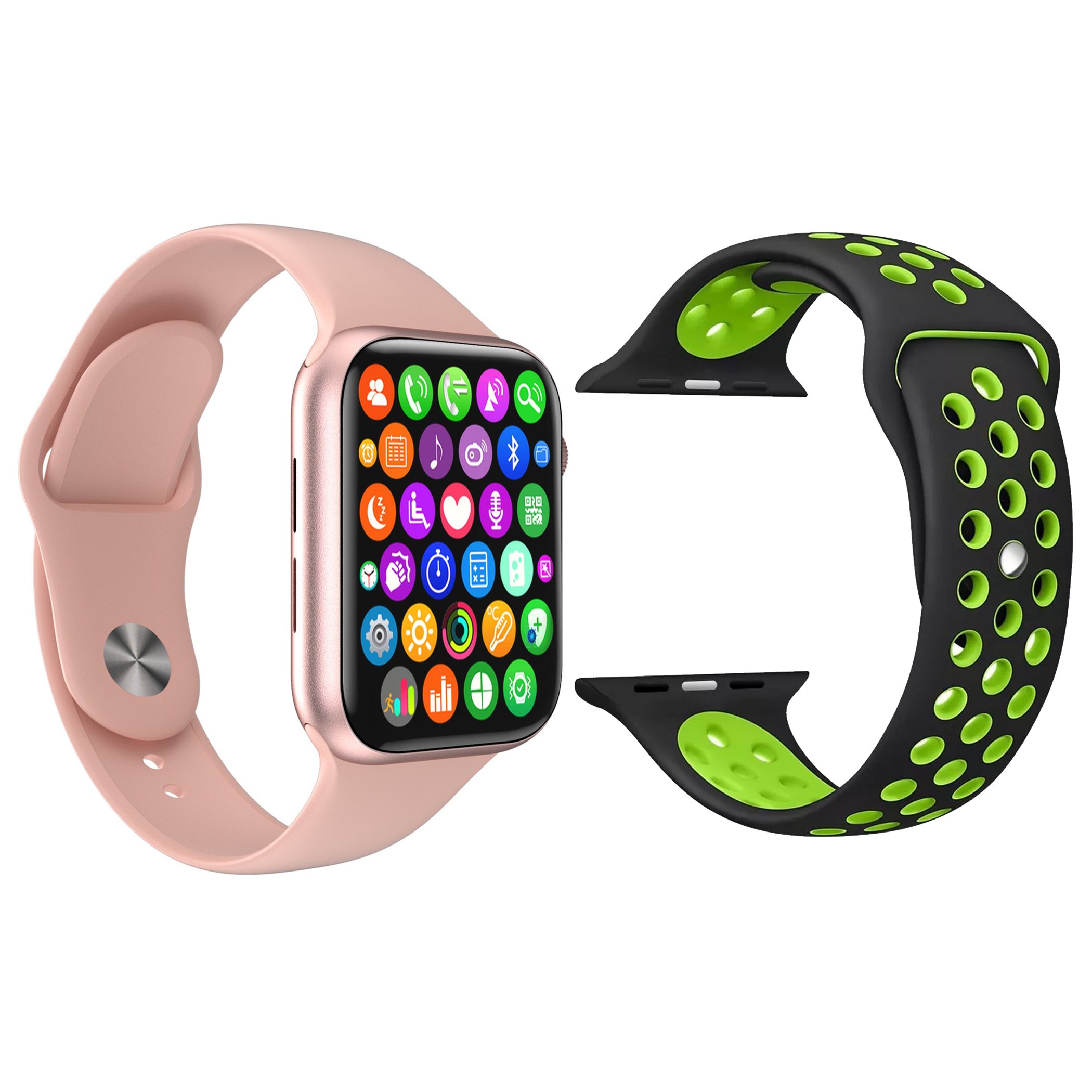 Kit 1 Relógio Inteligente Smartwatch Iwo8 Lite Plus Rosa + 1 Multiira Extra Sport Preto Com Verde