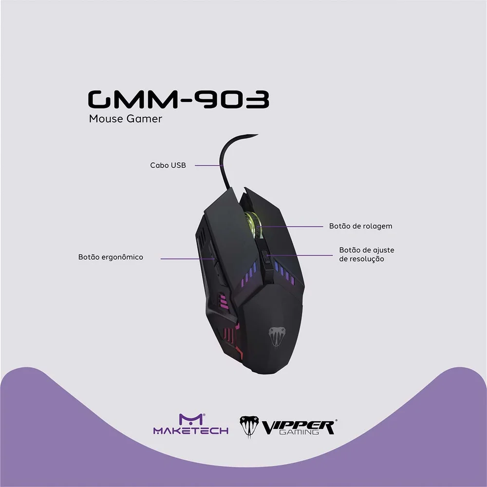 Mouse Gamer Rainbow Com Fio 3.600dpi Maketech Vipper Gmm-903 Mouse Gamer Rainbow Com Fio 3.600dpi Maketech Vipper Gmm-903