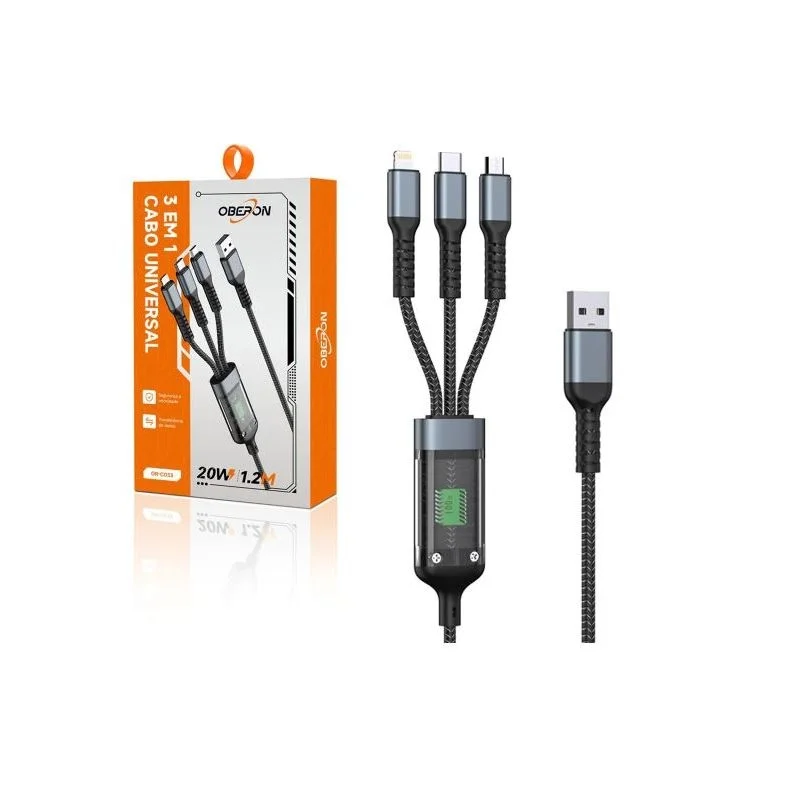Cabo Carregador 3 Em 1 Type-c V8 Lightning 20w 1.2 Metros