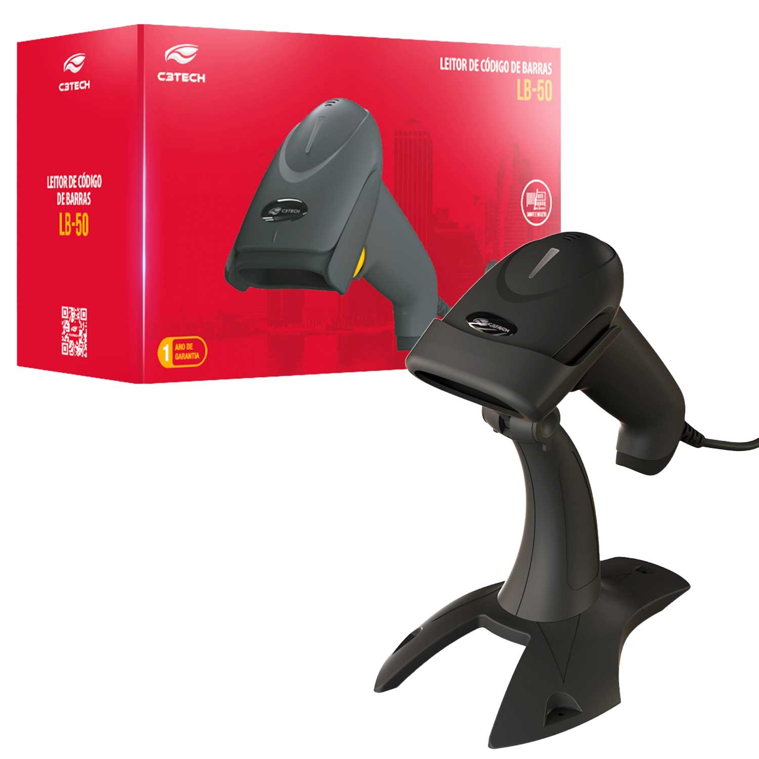Leitor De Código De Barras C3tech Lb-50bk, Cabo Usb, Leitura De Códigos 1d, Danfe, Boletos Bancários, Sensor A Laser, Com Suporte  - Preto