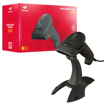 Leitor De Código De Barras C3tech Lb-50bk, Cabo Usb, Leitura De Códigos 1d, Danfe, Boletos Bancários, Sensor A Laser, Com Suporte - Preto