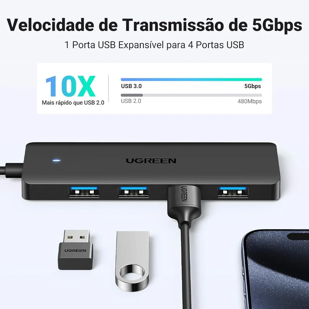 Imagem 3 de 5 do produto Hub Usb 3.0 Ugreen 4 Portas Expansor Ultra Fino Notebook PC