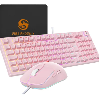 Kit Teclado Mecânico E Mouse Gamer RGB 7200 Dpi Switch Red Fire Phoenix Bk-08 Rosa