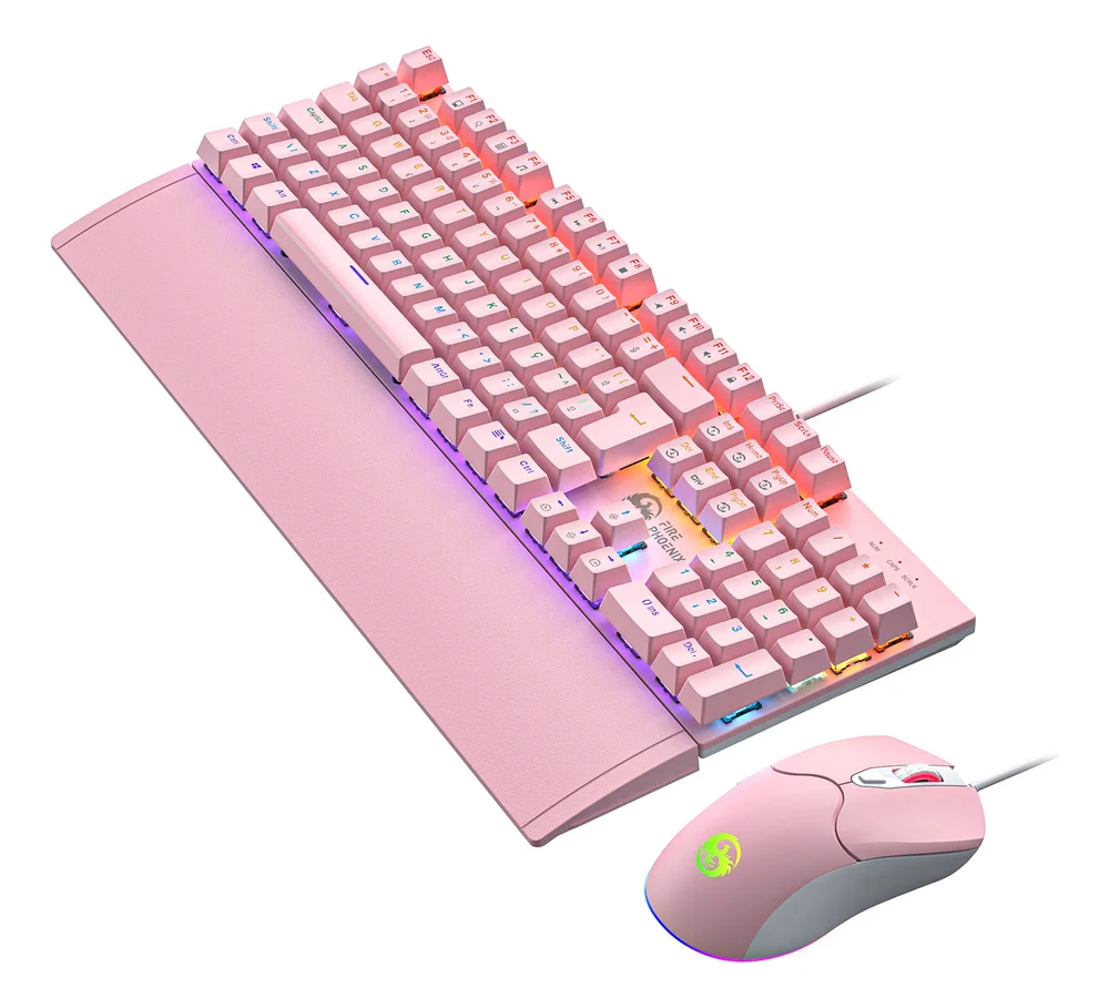 Kit Teclado E Mouse Mecânico Dpi 7200 Abnt2 Gamer Luz LED RGB Switch Red Usb Computador PC Fire Phoenix Bk-06 Rosa
