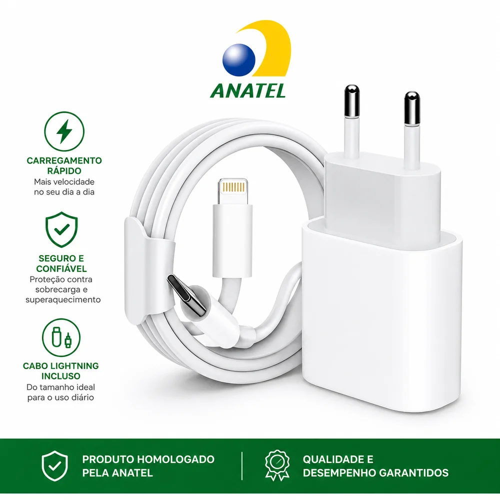 Carregador Compativel Com Iphone 7 8 X Xr 11 12 13 14 Cabo E Fonte 30W Turbo