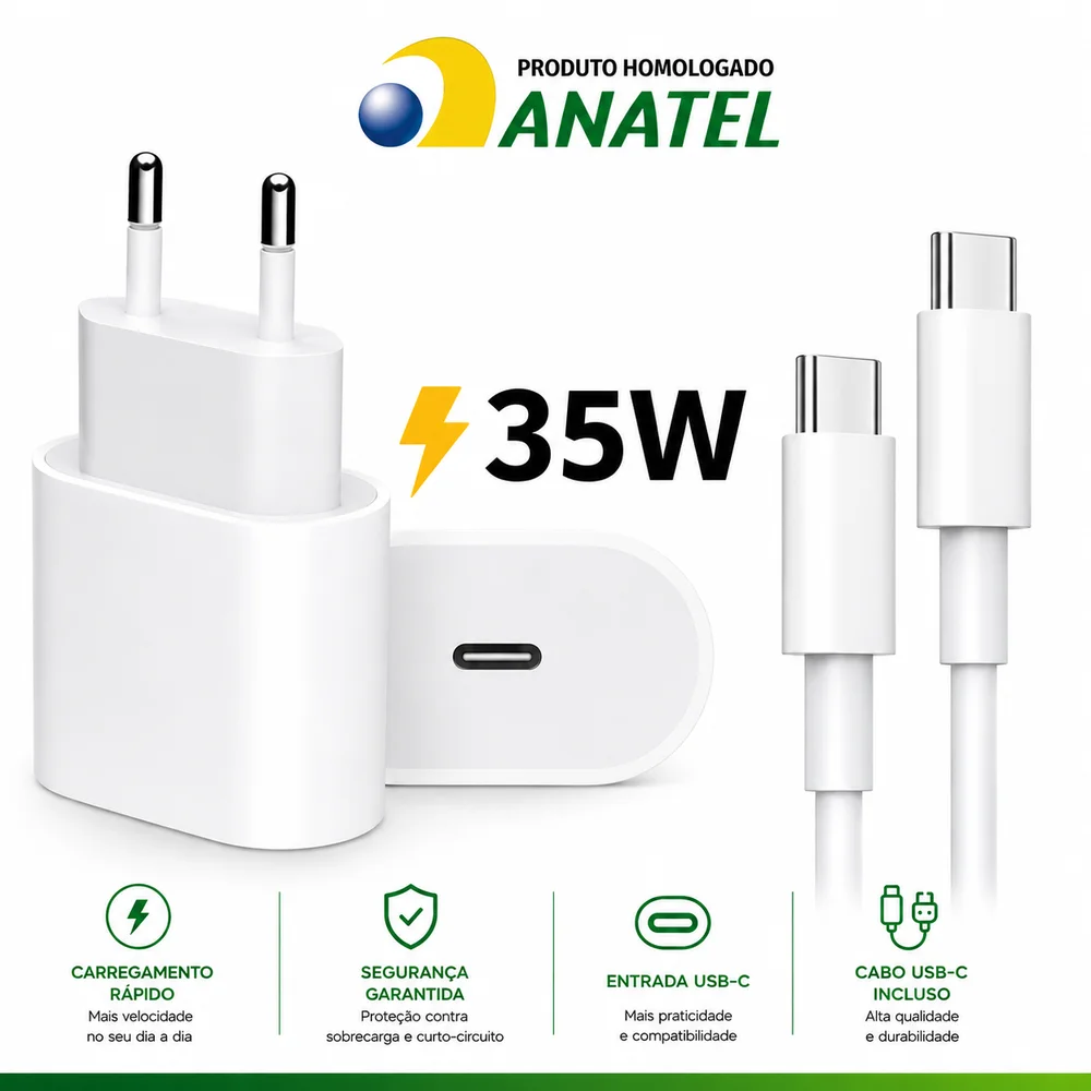 Carregador Compativel Iphone 15  16 17 Fonte 35w Cabo Usb.c