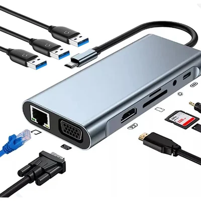 Hub Adaptador Multiportas 10 Em 1 Tipo C Hdmi Vga Sd Tf Ethernet Usb 3.0 4k Fire Phoenix Bk-c3