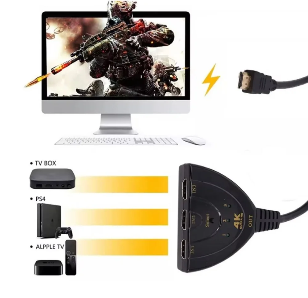 Imagem 3 de 4 do produto Switch HDMI 3 Portas 4k Com Botão – Seletor HDMI 3x1