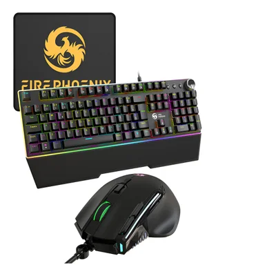 Kit Teclado Gamer Mecanico Switch Blue Abnt2 + Mouse Gamer Ergonomico Dpi 12800 LED RGB Usb PC Fire Phoenix Bk-04 Preto