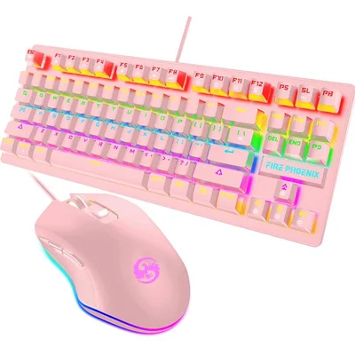 Kit Teclado Mouse Mecanico Abnt2 Gamer RGB Usb PC LED Switch Blue Fire Phoenix Be-k1 Rosa