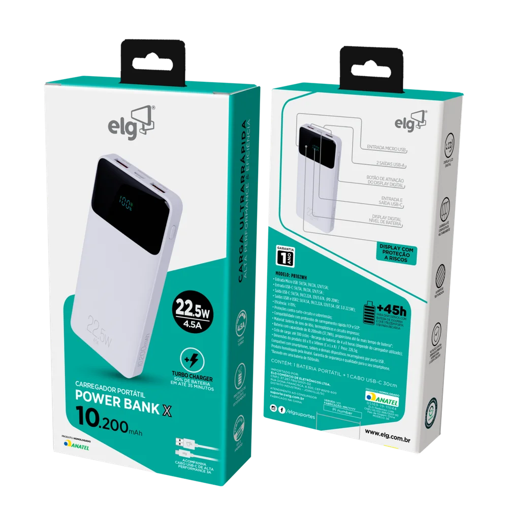 Imagem 3 de 5 do produto Power Bank Carregador Portátil, Display Indicador, 10200mah 22.5w, Turbo, Branco, Pb102wh, Elg