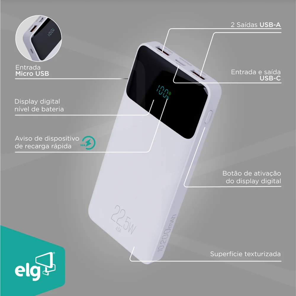 Imagem 5 de 5 do produto Power Bank Carregador Portátil, Display Indicador, 10200mah 22.5w, Turbo, Branco, Pb102wh, Elg